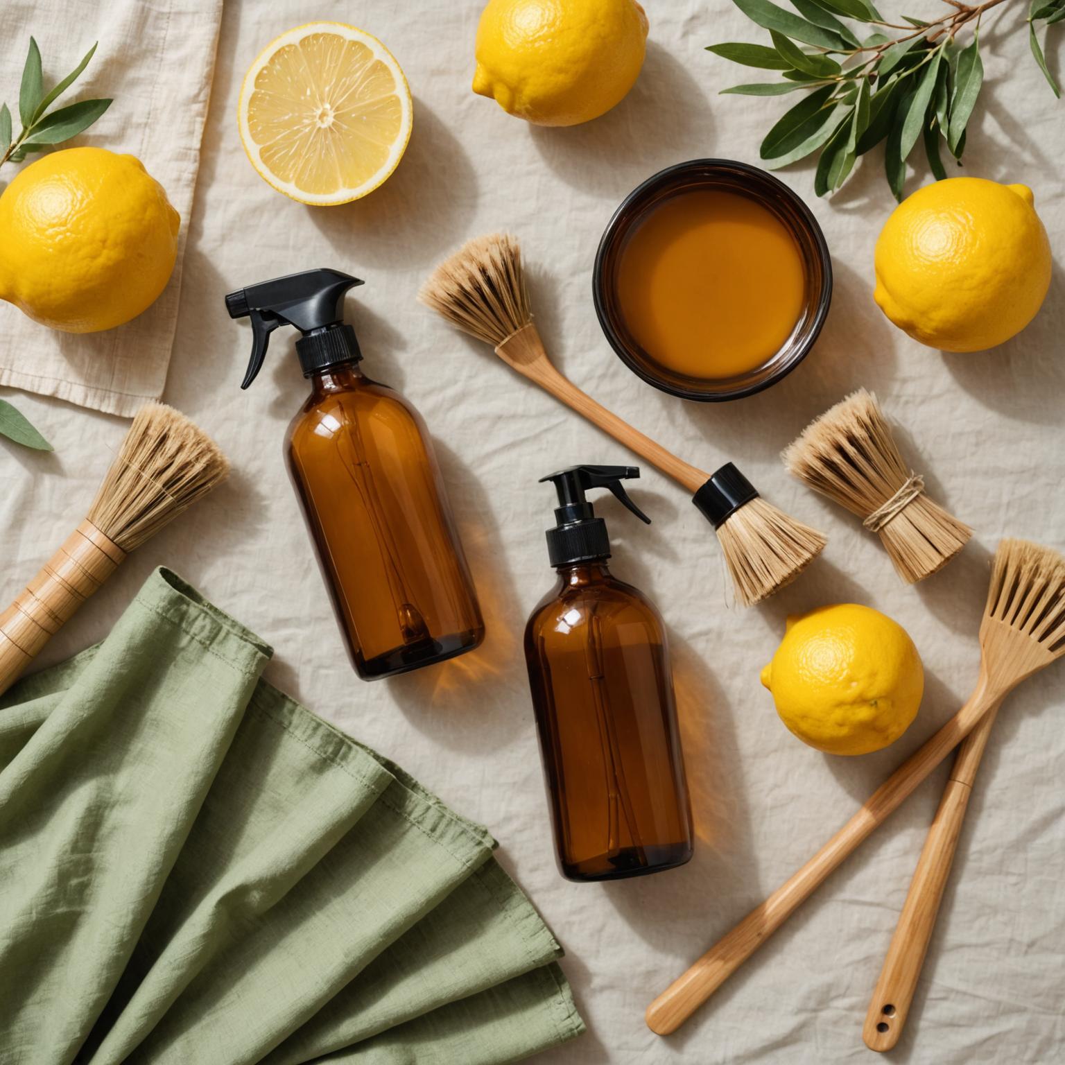 Eco-friendly cleaning supplies laid out before a Bayleaf shift