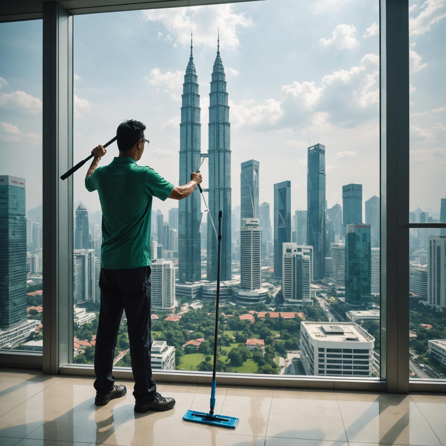 Bayleaf cleaner using a squeegee on a floor-to-ceiling window in Kuala Lumpur