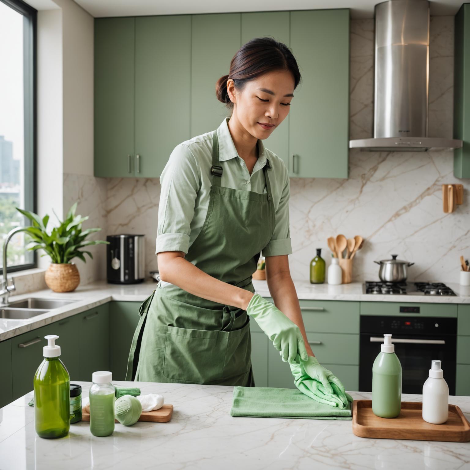 Bayleaf cleaner detailing a kitchen counter in a Kuala Lumpur condo