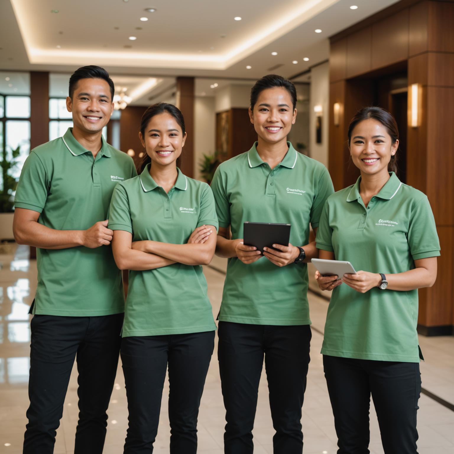 Bayleaf cleaning crew gathered in a condo lobby for a morning brief