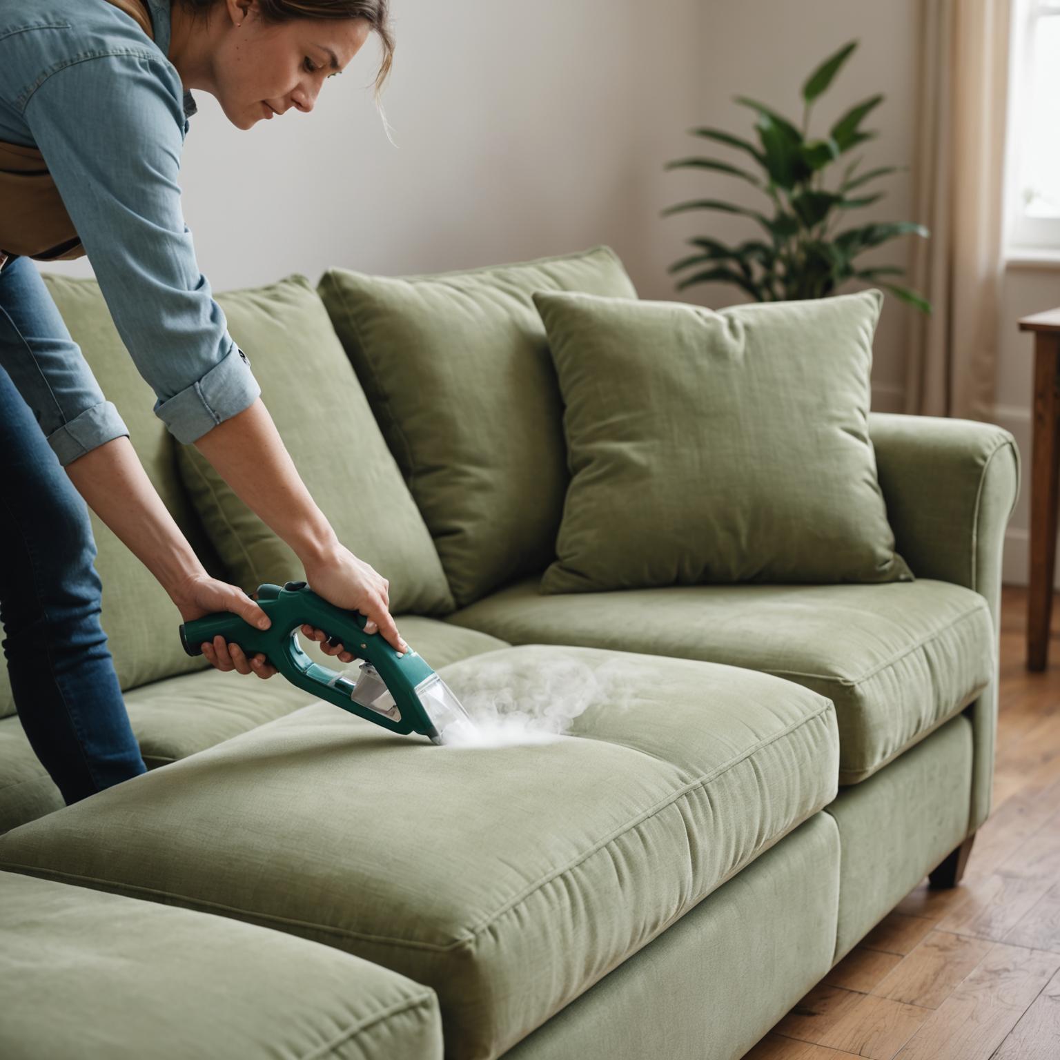 Bayleaf cleaner steam-cleaning a fabric sofa